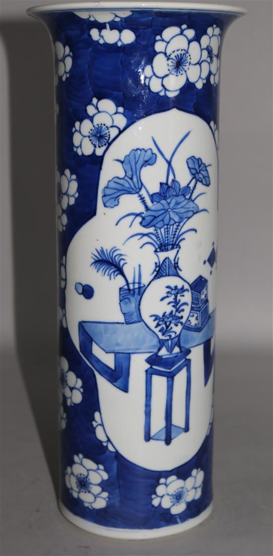 A 19th century Chinese blue and white sleeve vase, H 36cm (rim chips)